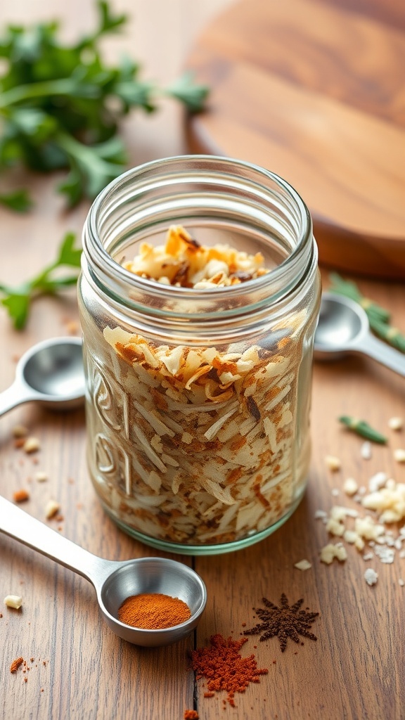 A jar of homemade onion soup mix with dried onion flakes and spices on a wooden table.